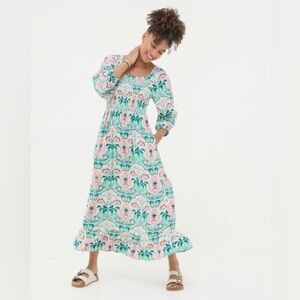 Fat Face Adele Mirrored Paisley 3/4 Sleeve Smocked Square Neck Midi Dress 8